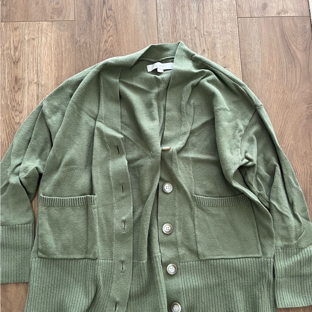 LOFT Olive Green Button-Front Knit Cardigan